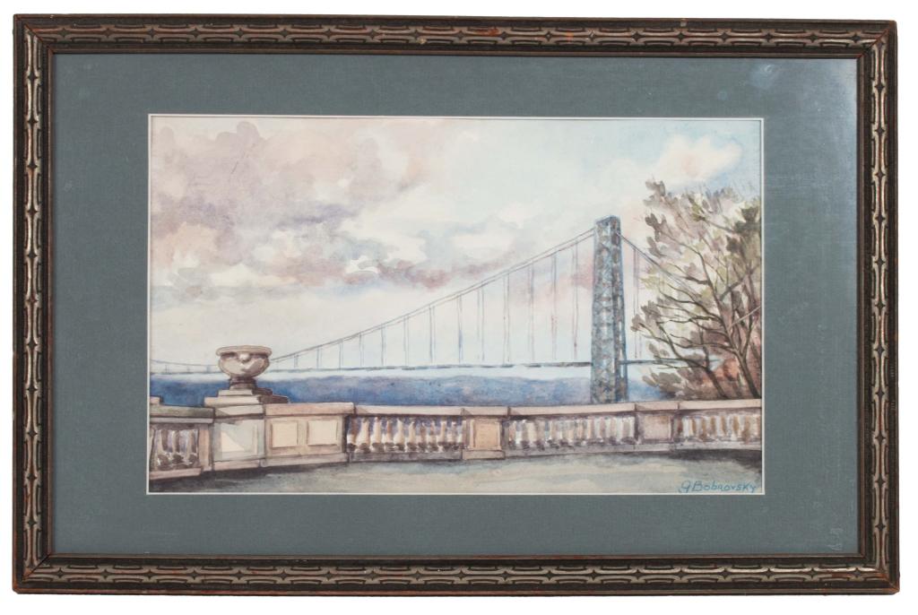 After G. Bobrovsky, Landscape with Bridge: Item/Description: Watercolor painting featuring a terrace overlooking water and a suspension bridge. Signed lower right: G. Bobrovky. After Grigory Mikhailovich Bobrovsky (1873 - 1942). Grigory Mikhai