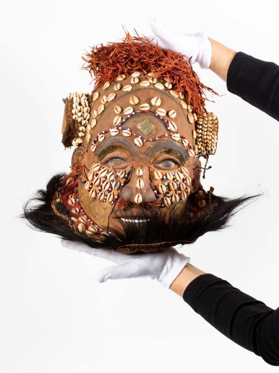 Kuba Style Mask - Democratic Republic of Congo: Item/Description: Elaborate, over the top Kuba style decorative helmet mask. Hand carved wood, entire surface covered in trade cloth and adorned with cowrie shells, animal hair, beads, straw, natural 