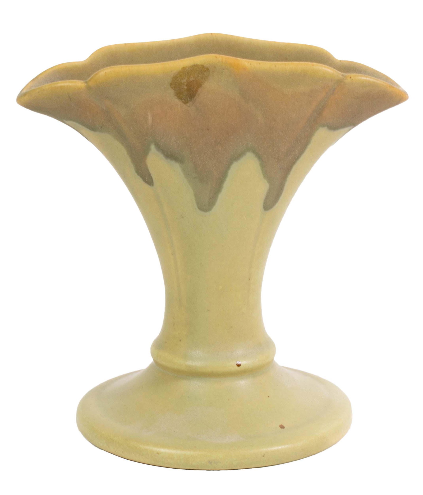 Roseville Pottery Carnelian Drip Brown Fan Vase: Item/Description: Fluted fan shaped vase by Roseville. Marked at underside of base. In 1923, Roseville pottery started using the blue ink stamp Rv. (Art Deco) Material: Ceramic Dimensions: Length: 6";