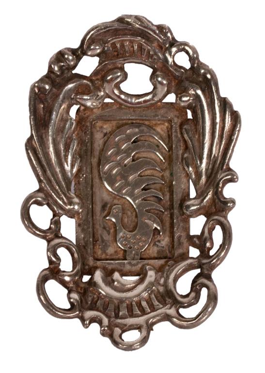 Charles Val Sterling Rooster Pin: Item/Description: Unique, signed figural bird pin by Charles Val. Fashioned in a shield shape from Sterling Silver. Ornate pierce work setting, baroque style. Whimsical image of a rooster with raised