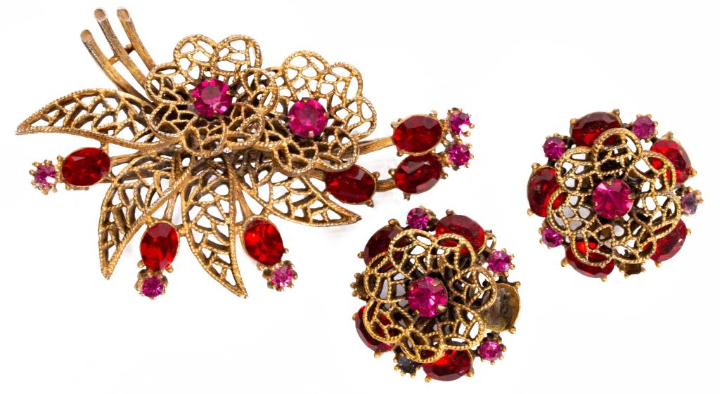 Kramer Pink Red Rhinestone Floral Demi-Parure (1 of 9)