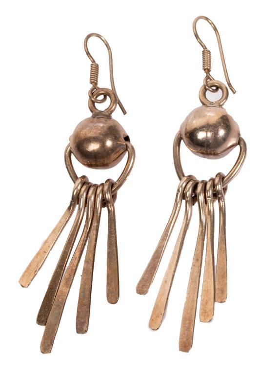 Sterling Mid Century Modern Pierced Earrings: Item/Description: Futuristic, modernist Sterling Silver ball and fringe dangle drop earrings. Shepherd's hook ear wires. Dynamic, well made. Unmarked. Test for Silver. Material: Sterling Silver Dimens
