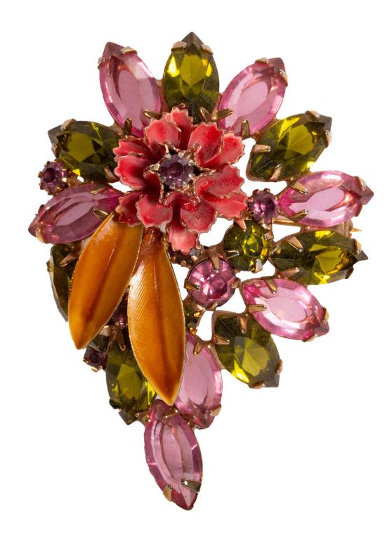 Alice Caviness Rhinestone Enamel Floral Brooch: Item/Description: Signed Alice Caviness floral spray brooch. Unusual design and color combination. Domed floral spray in antique gold tone setting. Bright pink and olivine prong-set rhinestones, marqu