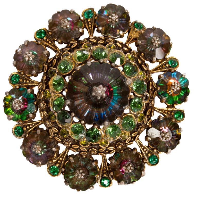 Signed Weiss Rivoli Flower Brooch Pendant: Item/Description: Exquisite and rare, signed Weiss brooch. Designed as a flower, it is set with flashing Watermelon Rivoli rhinestones with margarita caps, all prong-set. Bright green and peridot colo