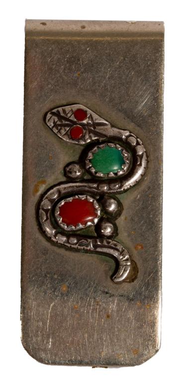 Signed Nieto Sterling Turquoise Coral Money Clip: Item/Description: Signed Southwestern Sterling Silver money clip with raised figural serpent decoration. Embellished with sawtooth set turquoise and coral. Beautiful workmanship. Hallmarked: NIETO. Ma