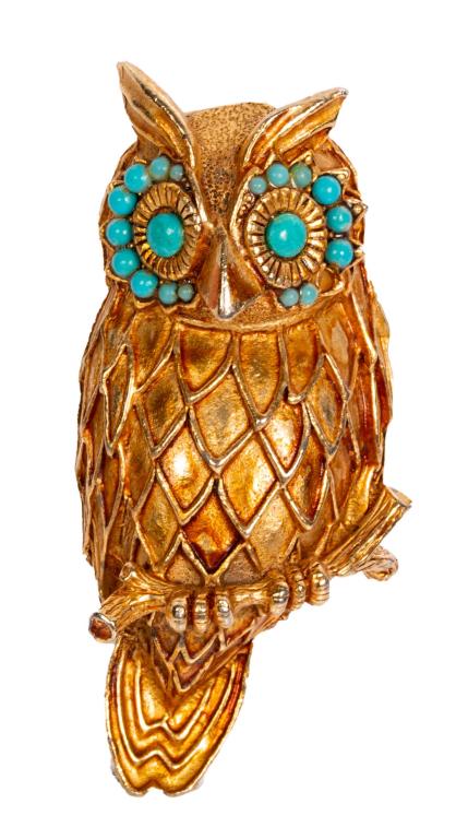 Figural Owl Gold Tone Brooch Pendant: Item/Description: Charming large figural owl pin. Fashioned from gold tone metal, perched atop a branch. Wonderful textured surface, lifelike details of scalloped feathers, tail, claws and wise bright