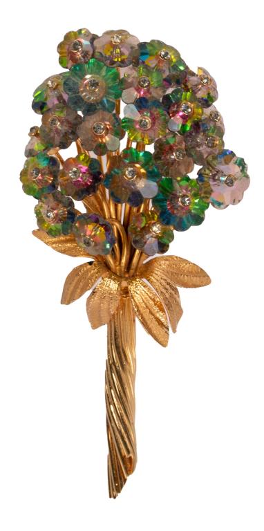 Vendome Rivoli Watermelon Floral Bouquet Brooch: Item/Description: Fabulous floral bouquet brooch by Vendome. 3 dimensional design; quality watermelon Rivoli crystal rhinestones shaped like flowers bezel set rhinestone centers. Textured softly folde