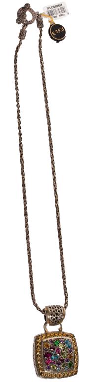 Effy Mosaic Sterling,18K Sterling Pendant Necklace: Item/Description: Lovely, designer Effy pendant necklace. Fashioned from Sterling Silver and 18K gold trim, raised pendant is set with a mosaic of semi-precious jewels including citrine, amethyst, aqu