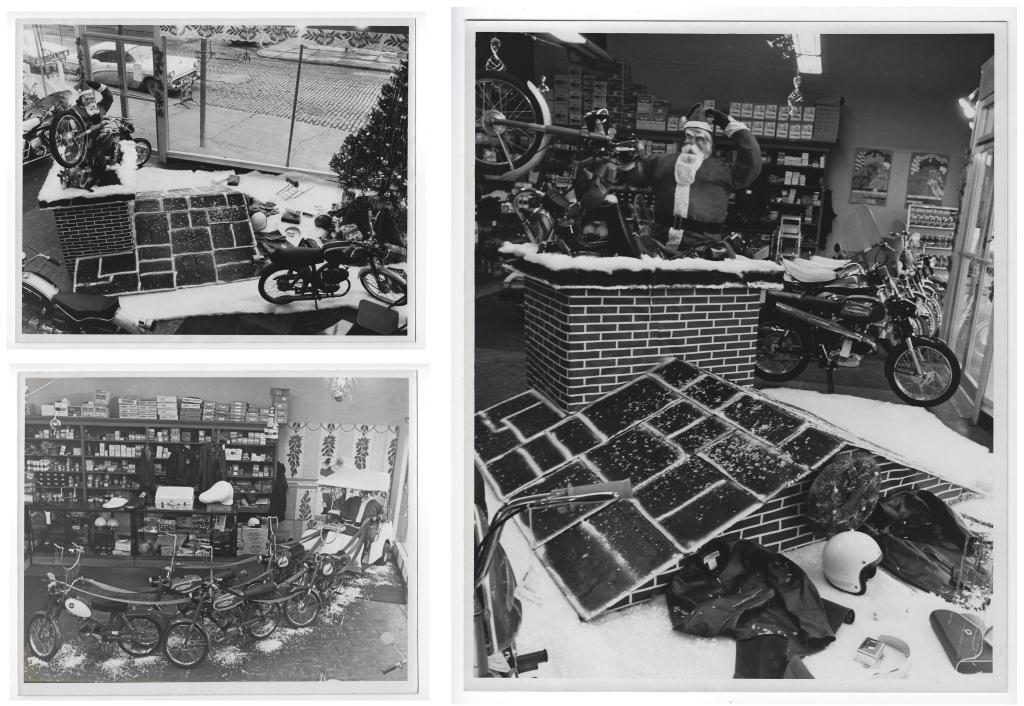 1960s Motorcycle Shop - Christmas Photos: Item/Description: Three original black and white photographs featuring a Harley Davidson motorcycle shop decorated for Christmas. (SC Hamilton, Pennsylvania) Material: Photograph Dimensions: Image siz