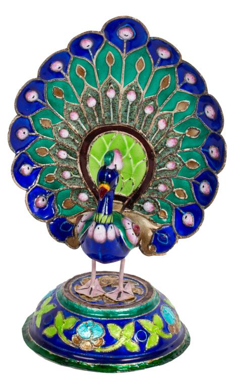 Enamel and Silver Dancing Peacock: Item/Description: Charming, brightly colored peacock figurine fashioned from silver and hand-painted jewel toned enamel. Standing on a base with outstretched full plumage. Entire surface enameled. Two