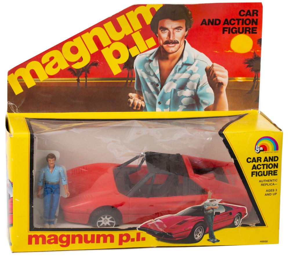 1981 LJN Magnum P.I. Car and Action Figure Set NIB: Item/Description: New in box Magnum P.I. car and action figure set from LJN Toys. Set includes red Ferrari 308GTS and posable Thomas Sullivan Magnum P.I. Figure and car are still "tied" down to origin