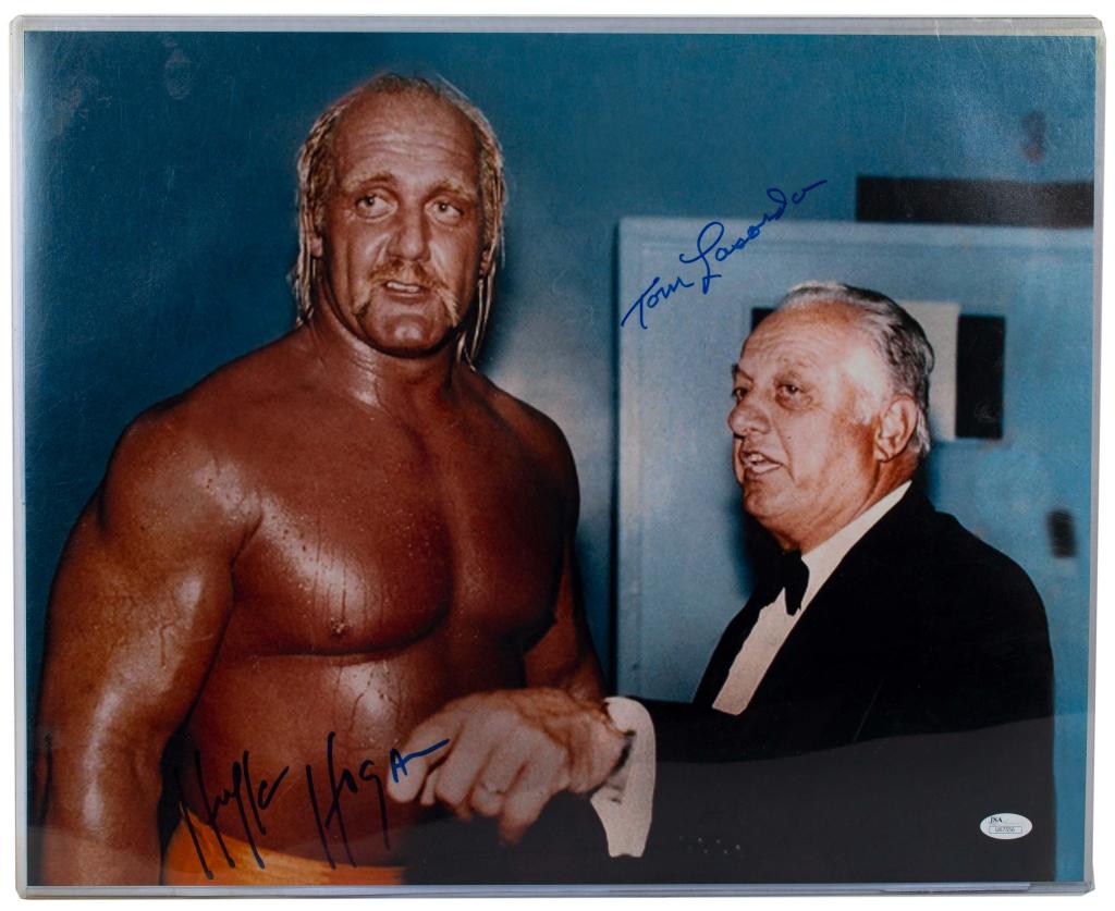 Hulk Hogan & Tom Lasorda Signed Photo - JSA COA: Item/Description: Dual signed, 16x20 color photo features Tommy Lasorda and Hulk Hogan. Signatures are certified by JSA. Photograph was taken at WrestleMania II in 1986. Tommy Lasorda was the celebrit