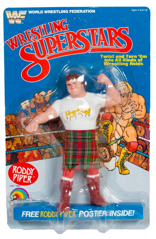 Sealed 1985 LJN Wrestling Superstars Roddy Piper: Item/Description: Unopened, unpunched LJN WWF Wrestling Superstars Rowdy Roddy Piper series 1 8-Back Action toy action figure. (Twist and Turn Em, Poster, 8 Back). This item was used as a product samp
