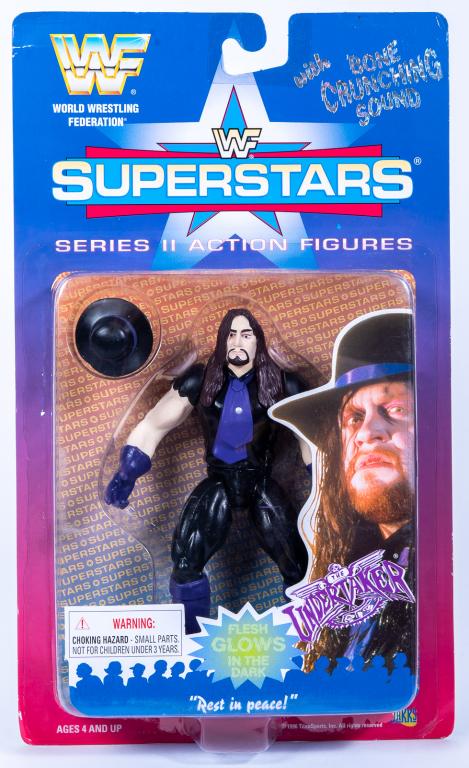 1996 WWF Superstars Series II Undertaker: Item/Description: Sealed WWF Superstars The Undertaker, series II toy action figure by Jakks Pacific. (With Bone Crunching Sound, World Wrestling Federation) This item was used as a product sample by 