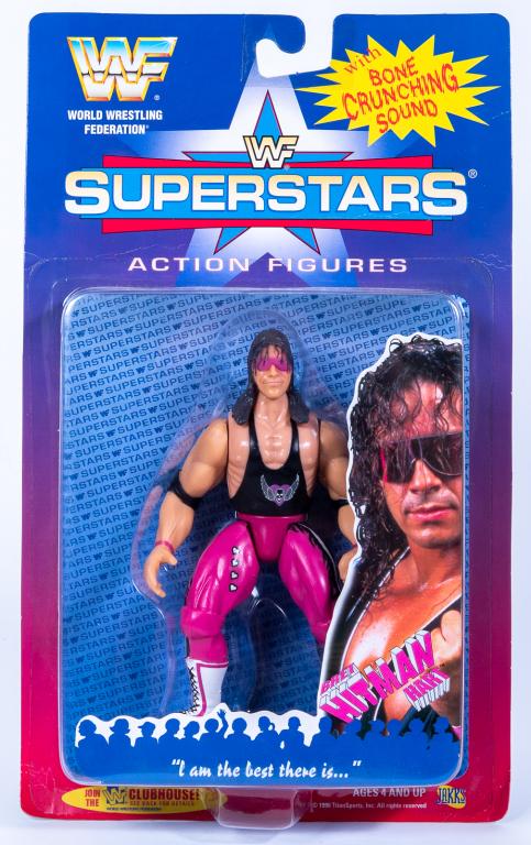 1996 WWF Superstars Series I Bret Hitman Hart: Item/Description: Sealed WWF Superstars Bret Hitman Hart, series I toy action figure by Jakks Pacific. (With Bone Crunching Sound, World Wrestling Federation) This item was used as a product sample by