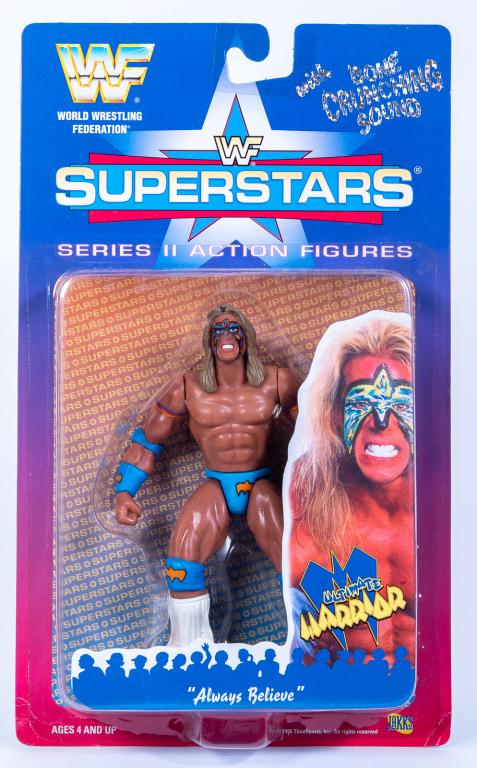 1996 WWF Superstars Series II Ultimate Warrior: Item/Description: Sealed WWF Superstars Ultimate Warrior Series II toy action figure by Jakks Pacific. (With Bone Crunching Sound, World Wrestling Federation) This item was used as a product sample by