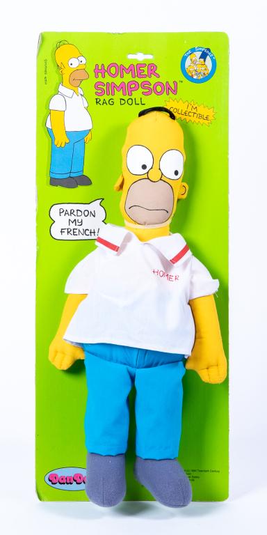 PROTOTYPE - Dan Dee 15" Homer Simpson Toy Ragdoll: Item/Description: Never-released, production sample Homer Simpson toy doll made by Dan Dee as a test for their line of Simpsons toys. Homer is wearing a "Barney's Bowlarama" shirt with his name on the