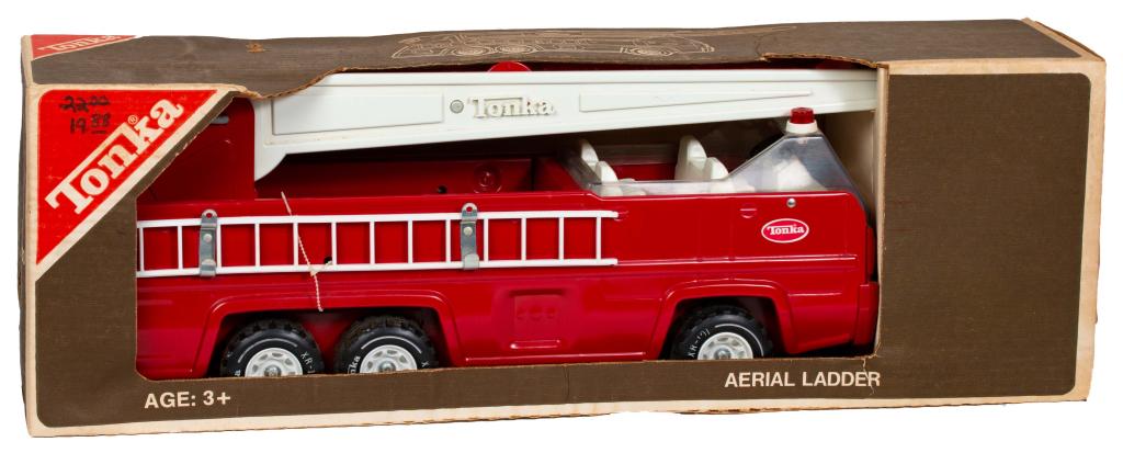 Tonka Aerial Ladder Fire Truck 2960, Boxed: Item/Description: Vintage unopened Tonka toy fire truck in original box. Material: Pressed Steel Dimensions: Length: 26"; Width: 6 1/4"; Height: 8 1/4" Condition: Box shows wear, age, discoloration. T