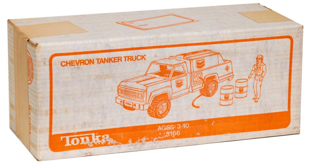 Tonka Chevron Tanker Truck, #3166, Sealed Box: Item/Description: Factory sealed in original box, vintage toy truck Tonka Chevron Tanker Truck. No. 3166. Material: Steel Dimensions: Length: 16 1/2"; Width: 6 1/4"; Height: 7" Condition: Box shows we