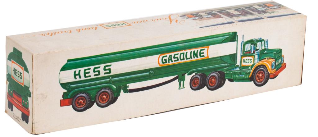 1972 Marx Hess Tanker Gasoline Truck In Box: Item/Description: Hess truck lighted gasoline tank trailer toy in original box by Marx Toys. Material: Mixed material Dimensions: Length: 13 3/4"; Width: 2 3/4"; Height: 3" Condition: Not in working c