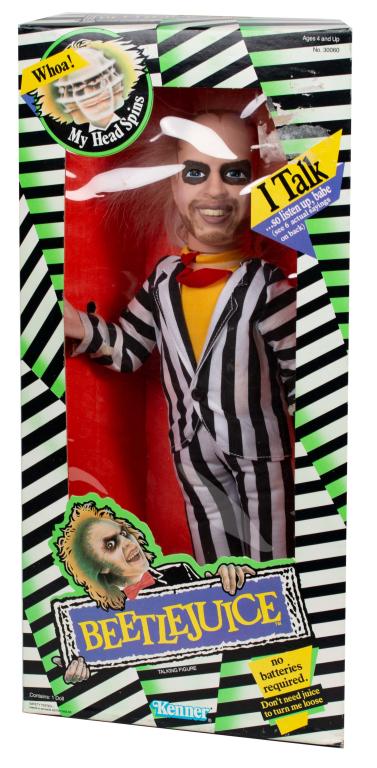 Kenner Talking Beetlejuice Figure, In Box: Item/Description: Unopened vintage Kenner figure of Beetlejuice from the 1988 Tim Burton comedy horror film Beetlejuice. Figure has talking and head spinning features. Material: N/A Dimensions: Length
