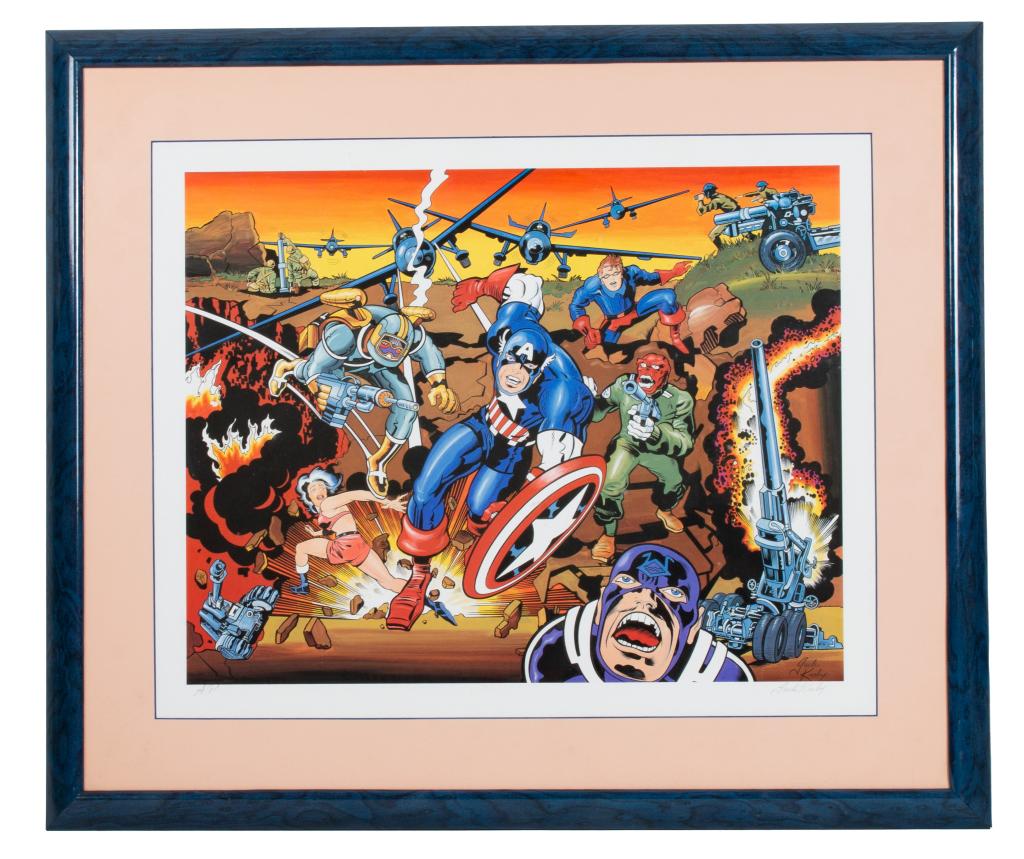 Captain America Signed Jack Kirby Artists Proof: Item/Description: Captain America 50th Birthday Commemorative artist proof. Pencil signed by Jack Kirby and marked A.P. (artist proof) also in pencil. Certificate of Authenticity on verso. Framed comi