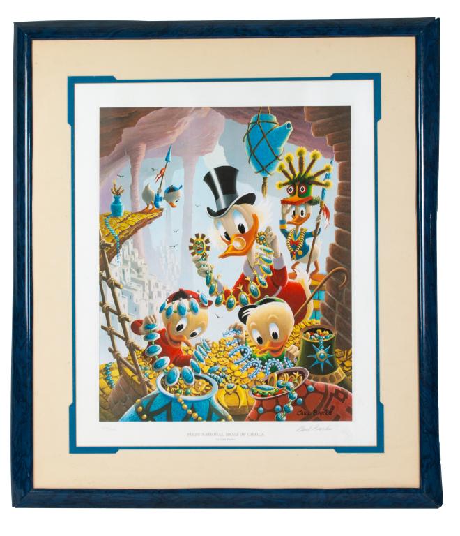 Carl Barks, First National Bank, Disney Litho: Item/Description: Pencil signed and numbered color lithograph titled: "First National Bank of Cibola" by Carl Barks (American, 1901-2000). Limited edition 202 / 345. Features an embossed authenticatin