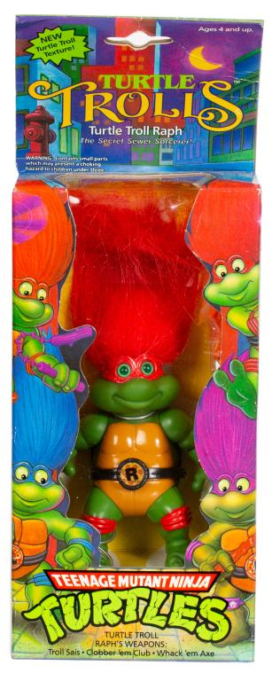 Teenage Mutant Ninja Turtles Troll Doll Raph, Box: Item/Description: Playmates TMNT Trolls action figure with Troll sais, Clobber 'em club, and Whack 'em axe accessories in box. Material: Mixed material Dimensions (figure, including hair): Height: 6 1