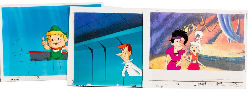 Jetson's Hanna-Barbera Animation Production Cels: Item/Description: Three assorted production animation cels with backgrounds from two Hanna-Barbera productions, The Jetsons and The Flintstones. Scenes include George Jetson, Elroy Jetson, and Judy Je