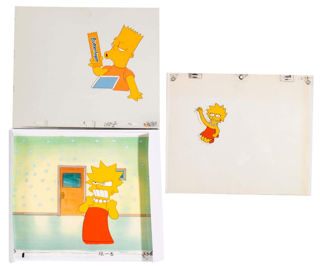 The Simpsons Butterfinger Commercial Cel Lot: Item/Description: Assortment of three production animation cels with one background from a series of commercials for Butterfinger candy bars involving the Simpsons. Cels show Bart and Lisa. Background