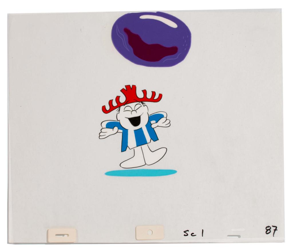 Hawaiian Punch "Punchy" Commercial Production Cel: Item/Description: A production animation cel, depicting the Hawaiian Punch mascot Punchy. (Cartoon). Material: Cellulose acetate and paper Dimensions: 10 1/2"L x 12 1/2"W Condition: Faint yellowing to