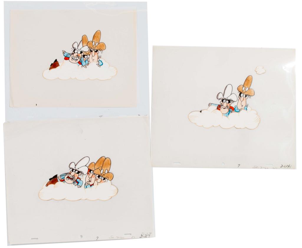 Vintage Cartoon Cel Lot: Item/Description: Three production animation cels. Depicts three cowboy characters on a cloud. (Hanna-Barbera) Material: Cellulose acetate and paper Dimensions: Each cel: 10 1/2"L x 12 1/2"W Condition