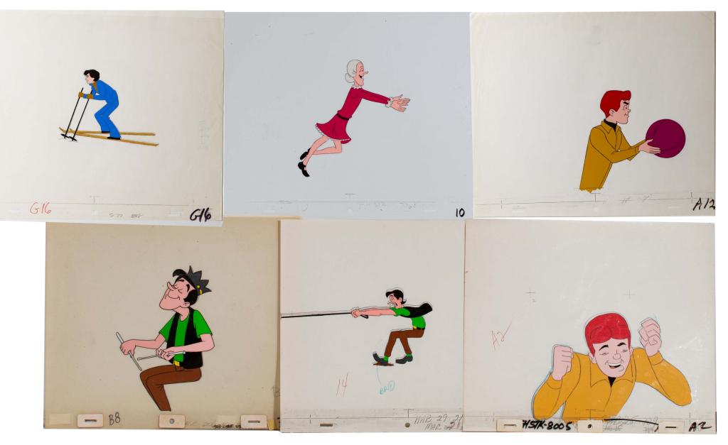 The Archie Show Cartoon Animation Cel Lot: Item/Description: Five assorted production animation cels and a cellulose sheet, lacking paper backing, from The Archie Show. Includes Archie, Jughead and more. Material: Cellulose acetate and paper D
