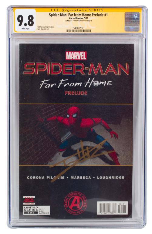 Spider-Man Far From Home Prelude 1 Signed CGC 9.8: Item/Description: Marvel Spider-Man: Far From Home Prelude #1 comic book. Signed by Tom Holland. CGC Signature Series 9.8. Material: N/A Dimensions: N/A. Condition: NM/M. Wear to exterior of plastic c