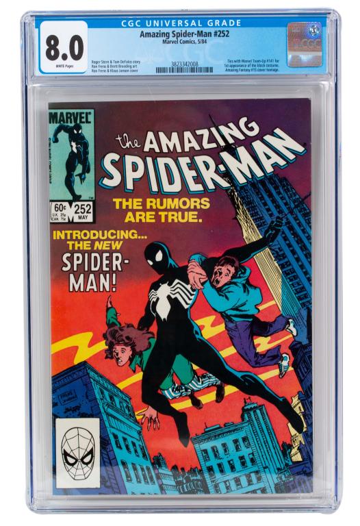 Marvel Comics The Amazing Spider-Man #252 CGC 8.0: Item/Description: The Amazing Spider-Man #252 CGC 8.0 comic book. Ties with Marvel Team Up for first appearance of the black Spiderman costume. Amazing Fantasy #15 cover homage. Material: N/A Dimensio
