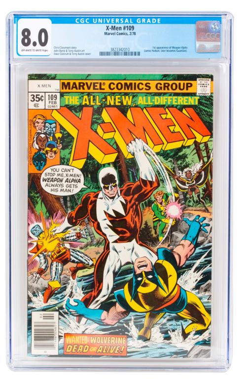 Marvel Comics The X-Men #109 CGC 8.0: Item/Description: The X-Men #109 CGC 8.0 comic book. First appearance of Weapon Alpha (James Hudson, later known as Guardian). Material: N/A Dimensions: N/A Condition: VF. Wear to exterior of plastic 