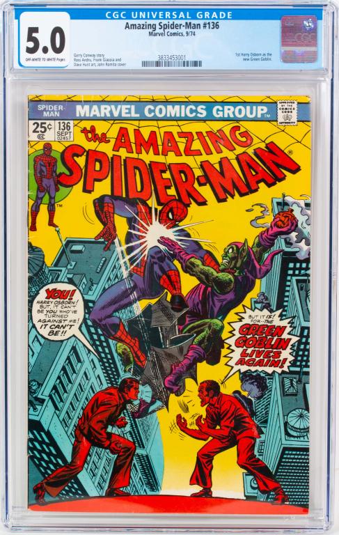Marvel Comics The Amazing Spider-Man #136 CGC 5.0: Item/Description: The Amazing Spider-Man #136 CGC 5.0 comic book. First appearance of Harry Osbourne as the new Green Goblin. John Romita cover art. Material: N/A Dimensions: N/A Condition: VG/FN. Wea