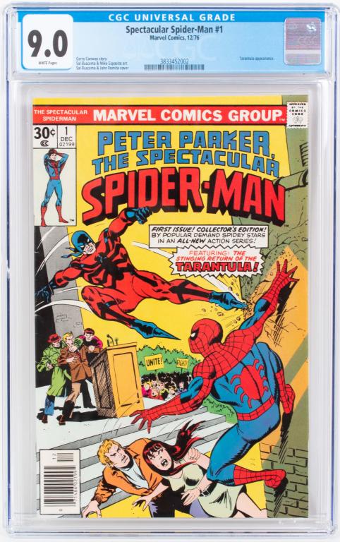 Marvel Comics Spectacular Spider-Man #1 CGC 9.0: Item/Description: Peter Parker The Spectacular Spider-Man #1 CGC 9.0. Tarantula appearance. Material: N/A Dimensions: N/A Condition: VF/NM. Wear to exterior of plastic case, including minor surface sc