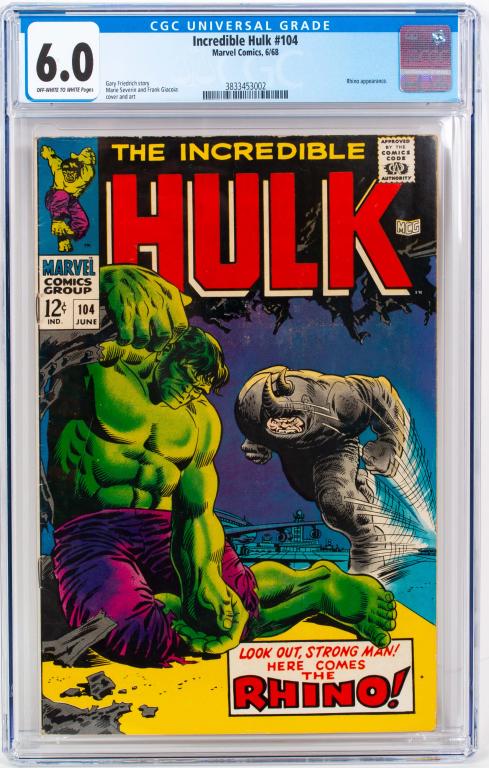 Marvel Comics The Incredible Hulk #104 CGC 6.0: Item/Description: The Incredible Hulk #104 CGC 6.0 comic book. Rhino appearance. Material: N/A Dimensions: N/A Condition: FN. Wear to exterior of plastic case, including minor surface scratches. Age: 