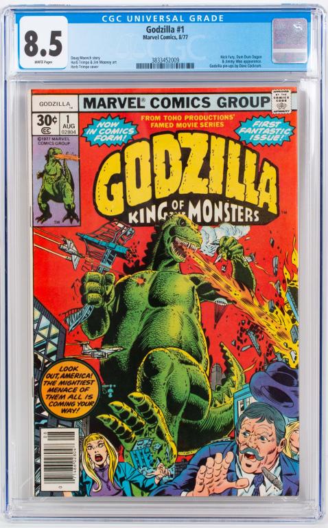 Marvel Comics Godzilla King of Monsters #1 CGC 8.5: Item/Description: Godzilla King of Monsters #1 CGC 8.5 comic book. Nick Fury, Dum Dum Dugan, and Jimmy Woo appearances. Material: N/A Dimensions: N/A Condition: VF+. Wear to exterior of plastic case, 