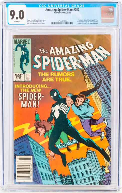 Marvel Comics The Amazing Spider-Man #252 CGC 9.0: Item/Description: The Amazing Spider-Man #252 comic book. Graded by CGC at 9.0. Features the first appearance of the black Spiderman costume, tied with Marvel Team-Up #141. Amazing Fantasy #15 cover h