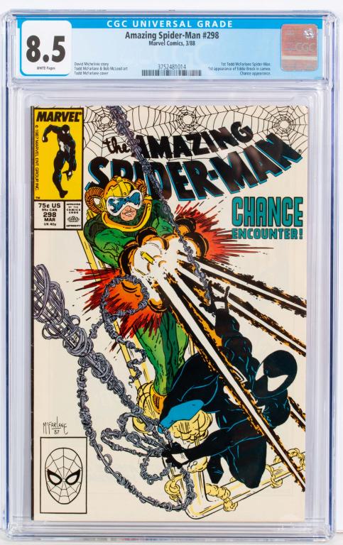 Marvel Comic The Amazing Spider-Man #298 CGC 8.5: Item/Description: The Amazing Spider-Man #298 comic book. Graded by CGC at 8.5. First Todd McFarlane Spider-Man. Features Chance appearance and the first appearance of Eddie Brock in cameo. Material: 