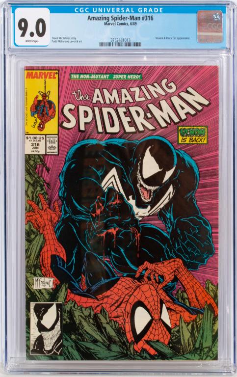 Marvel Comic The Amazing Spider-Man #316 CGC 9.0: Item/Description: The Amazing Spider-Man #316 comic book. Graded by CGC at 9.0. Features a Venom and Black Cat appearance. Material: N/A Dimensions: N/A Condition: VF/NM. Wear to exterior of plastic c