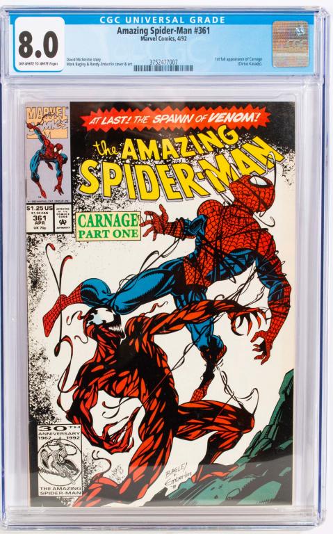 Marvel Comic The Amazing Spider-Man #361 CGC 8.0: Item/Description: The Amazing Spider-Man #361 comic book. Graded by CGC at 8.0. Features the first appearance of Carnage (Cletus Kasady). Material: N/A Dimensions: N/A Condition: VF. Wear to exterior