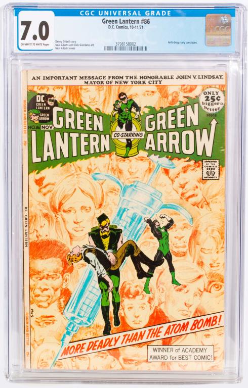 Marvel Comic Book Green Lantern #86 CGC 7.0: Item/Description: Green Lantern Co-Starring Green Arrow #86 comic book. Graded by CGC at 7.0. Co-starring Green Arrow. The last issue of the anti-drug storyline. Material: N/A Dimensions: N/A Conditio