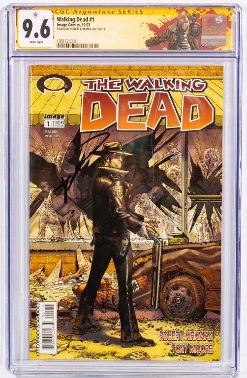 Signed Image Comics The Walking Dead # 1 CGC 9.6: Item/Description: The Walking Dead #1 comic book, signed by creator Robert Kirkman. CGC Signature Series 9.6. First appearance of Rick Grimes, Shane Walsh, Morgan & Duane Jones. Material: N/A Dimensio
