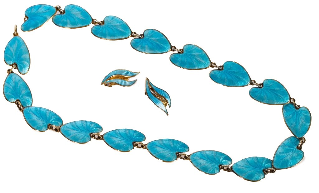 Sterling Blue Guilloche Enamel Jewelry - Norway: Item/Description: Stunning Mid-Century gilt wash sterling silver and guilloche enamel necklace and earrings. Articulated choker necklace comprised of stylized leaves of sky blue guilloche enamel. Exqu