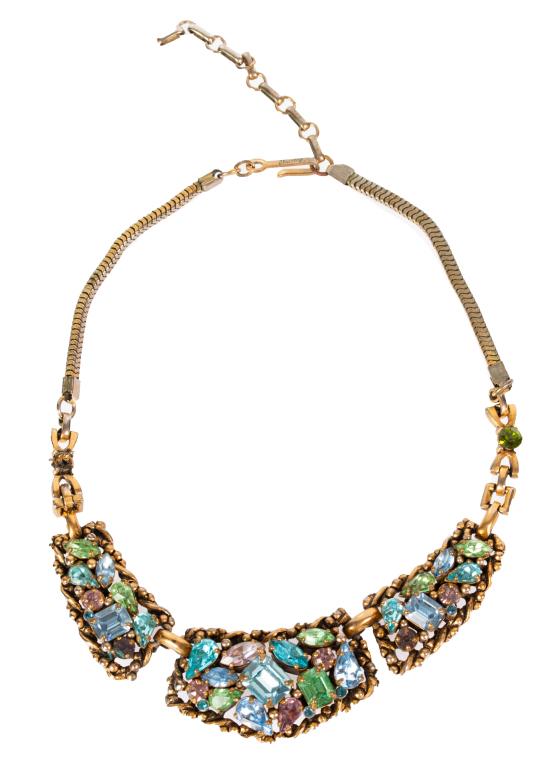 Signed Barclay Pastel Gemstone Choker Necklace: Item/Description: Rare, designer signed articulated choker necklace by Barclay. Three sections of quality, prong-set pastel hued glass gemstones in various shapes and sizes. Wonderful color palette of