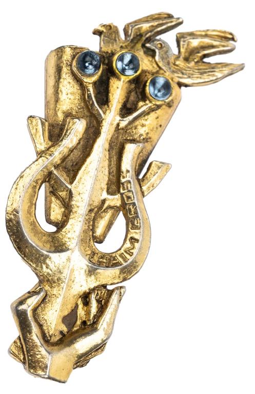 Chaim Gross Peace Doves Pin Pendant - Israel: Item/Description: Signed figural pin by renowned 20th Century artist and designer, Chaim Gross. Judaica Israel motifs. Gold tone metal, matte finish. Three dimensional pin. Hand holding a lyre accente