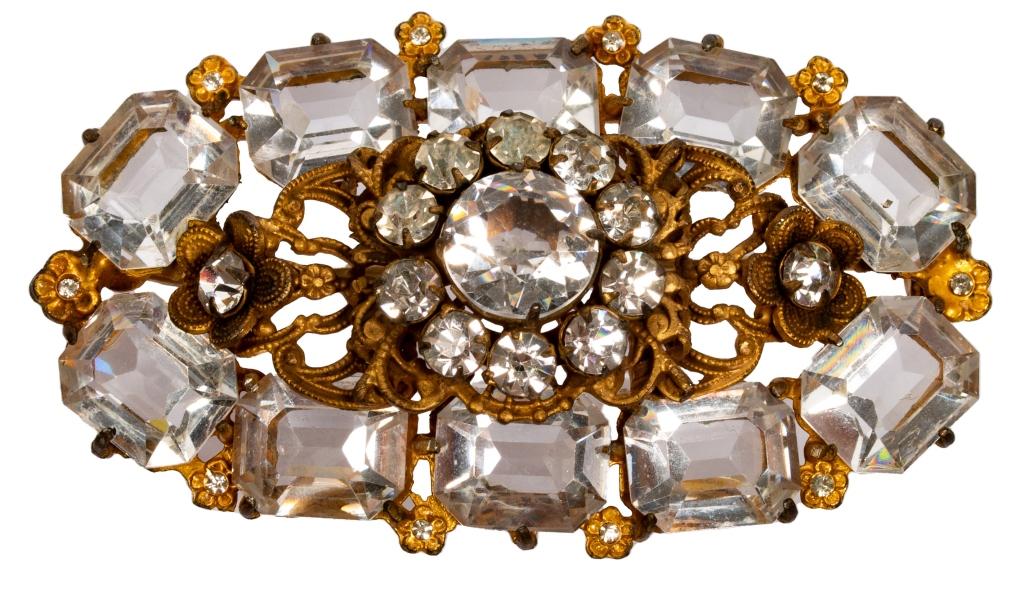 Antique Gilt Brass Rhinestone Flower Brooch (1 of 4)